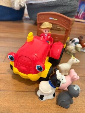 Bright Red & Yellow Farm Tractor Toy with Farmer and Animals